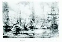 gravure noir et blanc : combat naval