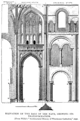 Coupe transversale de la nef montrant comment elle a été transformée du normand au gothique