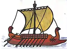 Dessin sur feuille blanche montrant un bateau avec des rames et une grande voile carrée.