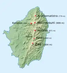 carte moderne avec sur une ligne centrale les principaux sommets de l'île