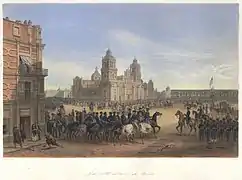 Adolphe Jean-Baptiste Bayot (es) (français), lithographie d'après un dessin de Carl Nebel (allemand au Mexique), General Scott's entrance into Mexico in the Mexican-American War, dans l'ouvrage The War between the United States and Mexico Illustrated (1851).