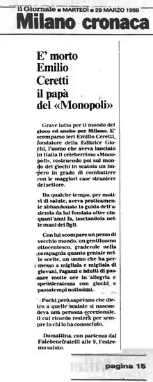 Necrologio di Emilio Ceretti su Il Giornale - 29-03-1988