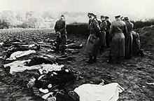 Photo en noir et blanc montrant un groupe d'officiers en uniforme dans un champ, devant une rangée de cadavres allongés sur le sol.