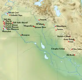 Carte de localisation des principaux sites du Néolithique acéramique de Mésopotamie et du Zagros occidental et central.