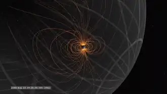 Schéma des lignes de champs en rouge sur fond noir de la planète. On observe la grande magnétosphère qui entoure la planète.