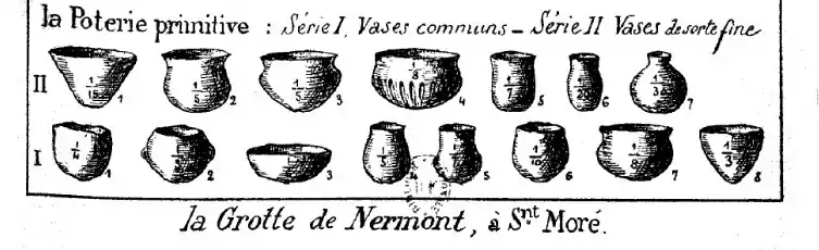 Série I — no 1 : vase en calotte, grotte de Nermont, Saint-Moré (coll. Parat) •  no 2 : vase en calotte, grotte de Nermont, Saint-Moré (coll. Parat) • no 3 : vase, grotte de Nermont, Saint-Moré (musée d'Auxerre) • no 4 et 5 : vases, grotte de Nermont, Saint-Moré (coll. Guignepied à Saint-Moré) • no 6 : vase de la grotte du Trilobite à Arcy (coll. Parat) • no 7 : vase, grotte de Nermont, Saint-Moré (coll. Maison à Châtel-Censoir) • no 8 : vase cônique, grotte de la Roche Moricard, Saint-Moré. Série II — • no 1 et 2 : vases en cône tronqué, grotte de la Roche au Larron, Voutenay ; poterie noire lustrée (coll. Charlot à Voutenay) • no 3 : vase, la Roche au Loup, Merry-sur-Yonne • no 4 : vase à côte, poterie lustrée noire, grotte de Nermont (anc. coll. Ficatier) • no 5 : vase en tulipe en poterie lustrée noire, grotte des Fées, Arcy (coll. Parat) • no 6 : vase (détruit déjà en 1909) en poterie ordinaire, légère, avec des séries de traits ; sépulture par inhumation à Mailly-la-Ville • no 7 : vase lustré noir, grotte de la Roche au Larron (coll. Charlot).