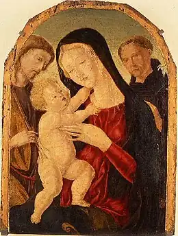 Vierge et Jésus avec deux saints dont l'un est tonsuré, sur la droite (habits noirs) et l'autre a des cheveux longs et ondulant (habit marron).