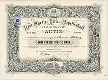 Action de fondation de la Neue Theater-AG à Francfort-sur-le-Main de 250 marks, émise en juillet 1877. La cession de l'opéra et du théâtre à la société s'est faite sur la base du contrat conclu avec la ville de Francfort-sur-le-Main le 21 février 1877, qui n'a expiré qu'en 1929 après six prolongations.