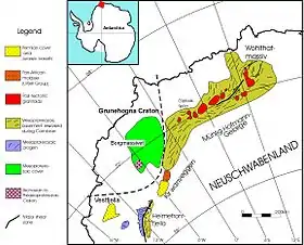 Carte géologique de la Nouvelle-Souabe avec les monts Kraul (Vestfjella) dans le coin inférieur gauche.