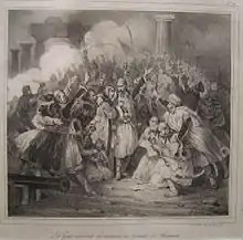 gravure noir et blanc : une foule en liesse et en costume traditionnel grec devant des colonnes antiques