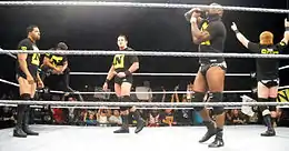 Des membres du Nexus sont présents sur un ring. De gauche à droite figurent David Otunga, Justin Gabriel (assis sur un turnbuckle du ring), Wade Barrett, Michael Tarver (parlant dans un micro) et Heath Slater (de dos, levant les bras au ciel). On aperçoit en arrière-plan des spectateurs dans les tribunes.