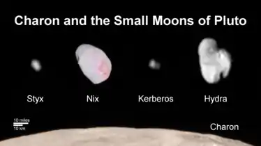 Tailles comparées des cinq satellites de Pluton : Charon (D ~ 1212 km), Hydre (L ~ 51 km), Nix (L ~ 50 km), Kerbéros (L ~ 19 km), Styx (L ~ 16 km) (sonde New Horizons, 2015, montage).