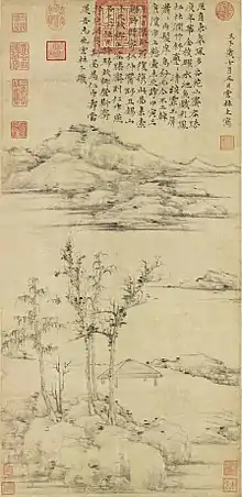 « L'atelier [minuscule] contenant [seulement] les genoux » » (容膝斋图), Ni Zan. 1372. Rouleau vertical, encre sur papier, 74,7 × 35,3 cm. Musée national du palais, Taipei.