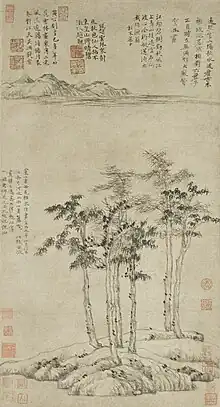 Les Six gentilshommes . Ni Zan (1301-1374). Rouleau vertical, 1345. Encre sur papier, 64,3 × 46,6 cm. Musée de Shanghai.