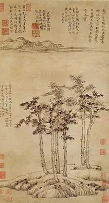 Six gentilshommes, Ni Zan, 1345, rouleau vertical, encre sur papier, 61,9 × 33,3 cm. Shanghai Museum.