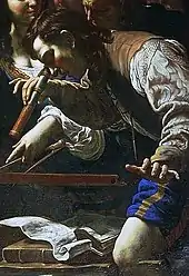 peinture d'un jeune homme agenouillé au sol, tenant une lunette d'astronome avec laquelle il regarde vers le bas.