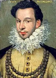 Portrait en buste d'un personnage aux yeux et cheveux noirs, fine moustache et collerette bouffante de dentelle.