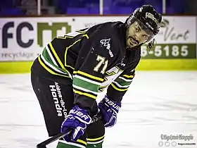 Nicolas Corbeil disputant son premier match avec les 3L de Rivière-du-Loup après une transaction avec les Draveurs de Trois-Rivières.