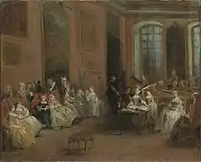 Concert à l'Hôtel Crozat, c. 1720, peinture de Nicolas Lancret (Alte Pinakothek, Munich). La scène ne peut se dérouler que dans la galerie de l'Hôtel.