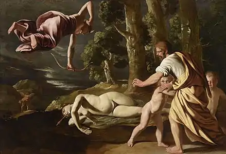 La Mort de Chioné par Nicolas Poussin (vers 1622), musée des beaux-arts de Lyon.  Chioné est tuée par Diane et son arc.