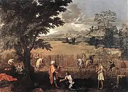 Sous un arbre un homme richement vêtu debout, une femme l'implore. En fond ses gens moissonnent un vaste champ de blé.