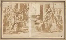 Étude avancée et reconstituée du Jugement de Salomon datant de 1649, signée par Poussin. Dans ce dessin préparatoire, la plupart des personnages sont représentés dans ce qui deviendra leur position finale, hormis deux courtisans qui seront ultimement retirés.