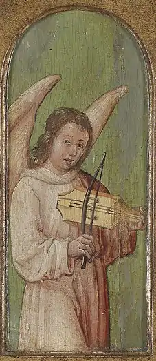 Peinture d'un personnage ailé situé au sein d'une niche et jouant d'un instrument de musique