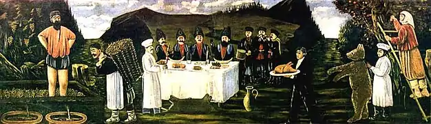 Fête au moment des vendanges, par le peintre géorgien Niko Pirosmani (1906).