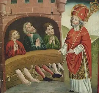 Saint Nicolas et les trois officiers. Peinture de 1485, église Sainte-Marie de Mühlhausen, Allemagne.