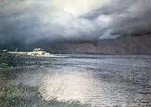 Le nuage s'approche. (1912, Musée de Novotcherkask de l'histoire des cosaques du Don Cette toile est réalisée comme variante du tableau bien connu de Doubovskoï: Silence, qui date de ses débuts (1890), et jette les bases du paysage de l'émotion. Le motif est le même, celui du silence avant l'orage, un état et une émotion chez l'homme devant la force de la nature, devant sa beauté. Ce sont des sentiments que Doubovskoï a toujours ressenti.