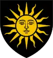 Blason en couleurs d'un soleil jaune sur fond noir, le soleil arborant les traits impassibles d'un visage humain.