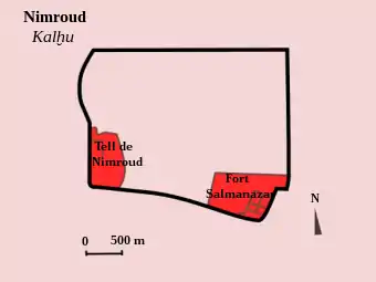 Kalkhu (Nimroud) au VIIIe siècle : centre politico-religieux sur le tell de Nimroud, et arsenal, le « Fort Salmanazar » (tell ʿAzar), surplombant la ville basse qui s'étend au nord.