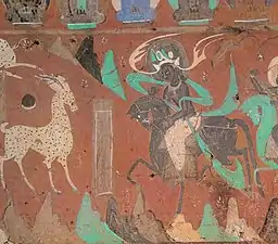 Jataka: Le roi et le Cerf aux neuf couleurs. Wei du Nord (386-534). Peinture murale, H. 96 cm. Grotte de Mogao n° 257.