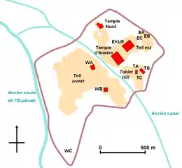 Plan d'une ville du sud : Nippur. La zone centrale est occupée par les grands temples (Ekur, Temple d'Ishtar), voisinant d'autres temples, édifices publics et zones résidentielles repérés dans différents secteurs lors des fouilles (TA, TB, TC, WB, WC).