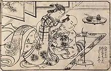 Fūryū irogai awase (Comparaison de coquillages colorés à la mode), qui dépeint des liaisons amoureuses clandestines. Gravure sur bois (sumi-e). 1711.