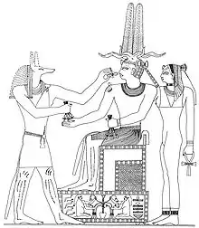 Statue du roi Niouserrê vivifiée par Anubis et Ouadjet.