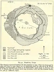 Carte d'une île indiquant par des traits différents les coulées de lave de 1912 à 1943