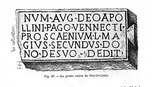 Dédicace à Apollon, Num(ini) Aug(usti) deo Apollini pago Vennecti proscaenium L Magius Secundus dono de suo dedit.