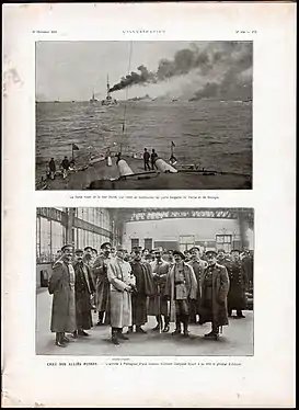 « Chez nos alliés russes » : la marine impériale russe en mer Noire bombarde Varna en Bulgarie qui vient de rejoindre les Empires centraux (en haut) ; arrivée à Petrograd de la mission militaire française du général Albert d'Amade (en bas). Images du magazine français L'Illustration, 30 octobre 1915.