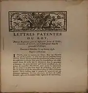 Une reproduction de lettres patentes du Roi Louis XV, en date du 14 janvier 1738, visant à combattre la fraude qui dépréciait les textiles fabriqués dans le Perche.