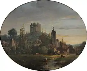 Église Saint-Laurent et château Saint-Jean, vue des prairies de la cascade à Nogent-le-Rotrou par Louis Moullin (1817-1876), huile sur toile, 36 × 44 cm, musée de Nogent-le-Rotrou.