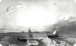 Gravure, vers 1850, représentant la côte de l'île de Noirmoutier vue depuis la mer.
