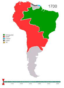 Amérique du Sud, colonisation française en bleu