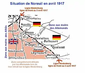 Situation du village en avril 1917 tout près de la Ligne Hindenburg.</center