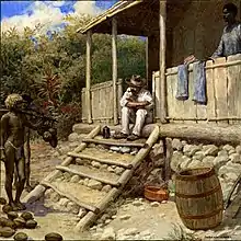 Tableau représentant un colon européen, assis devant sa maison, avec des autochtones portant des noix de coco.