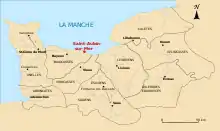 Carte de l'actuelle Normandie avec les territoires des cités et Saint-Aubin-sur-Mer