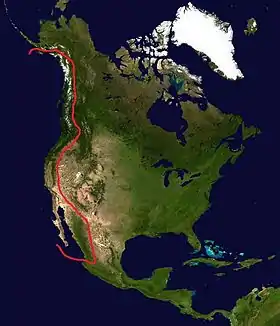 Localisation des chaînes côtières du Pacifique sur une image satellite de l'Amérique du Nord.