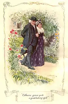 un clergyman en chapeau rond, lunettes et perruque et sa femme se promènent dans un jardin fleuri