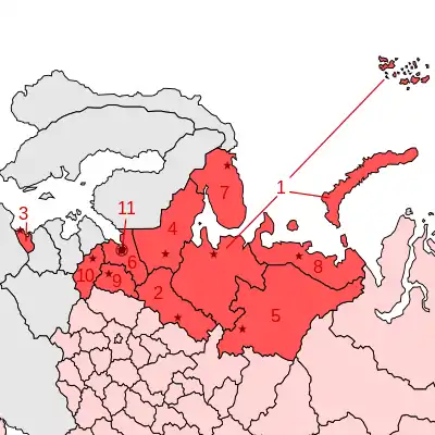 Carte du district fédéral du Nord-Ouest présentant le découpage en sujets fédéraux