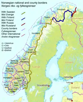La frontière entre la Russie et la Norvège en rouge